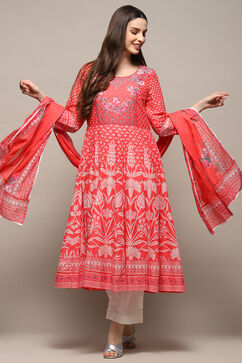 Coral Cotton Anarkali Suit Set image number 0