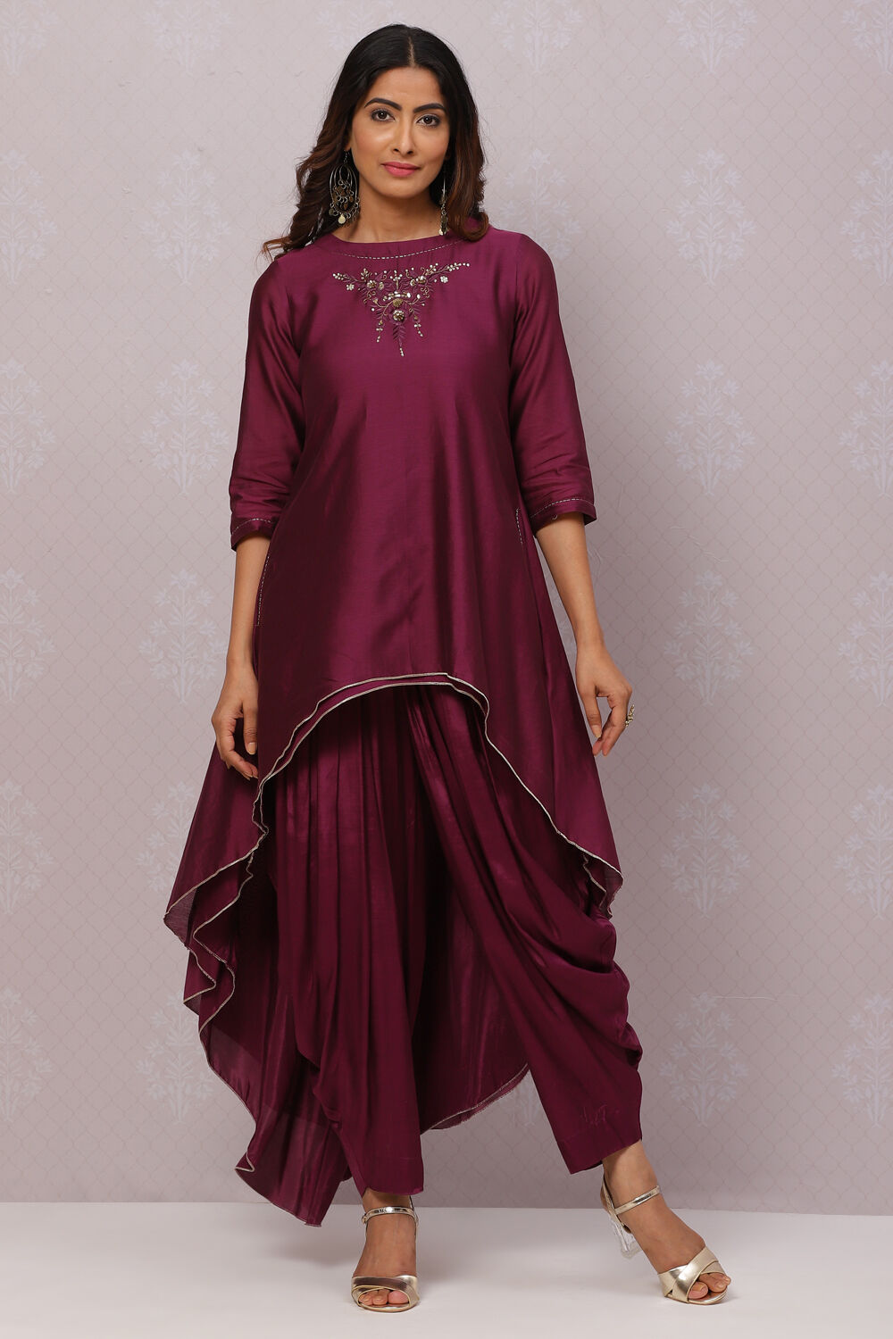 Deep Purple Flared Cotton Silk Fusion Wear 2 Piece Set image number 3