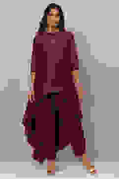 Deep Purple Flared Cotton Silk Fusion Wear 2 Piece Set image number 3