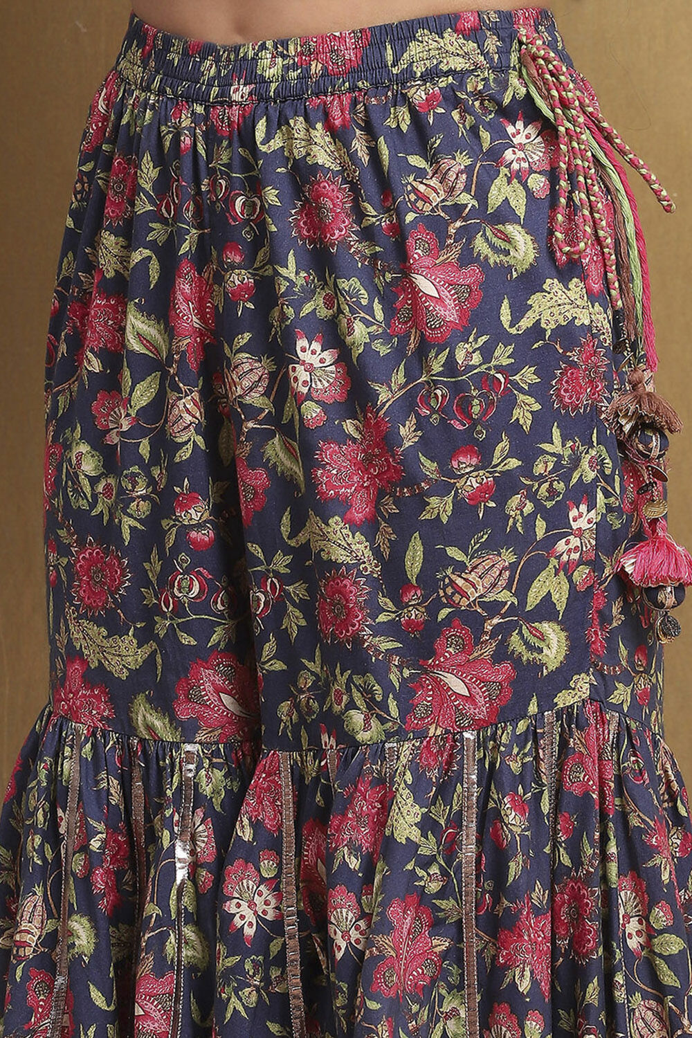 Navy Blue Viscose Floral Peplum Suit Set image number 2