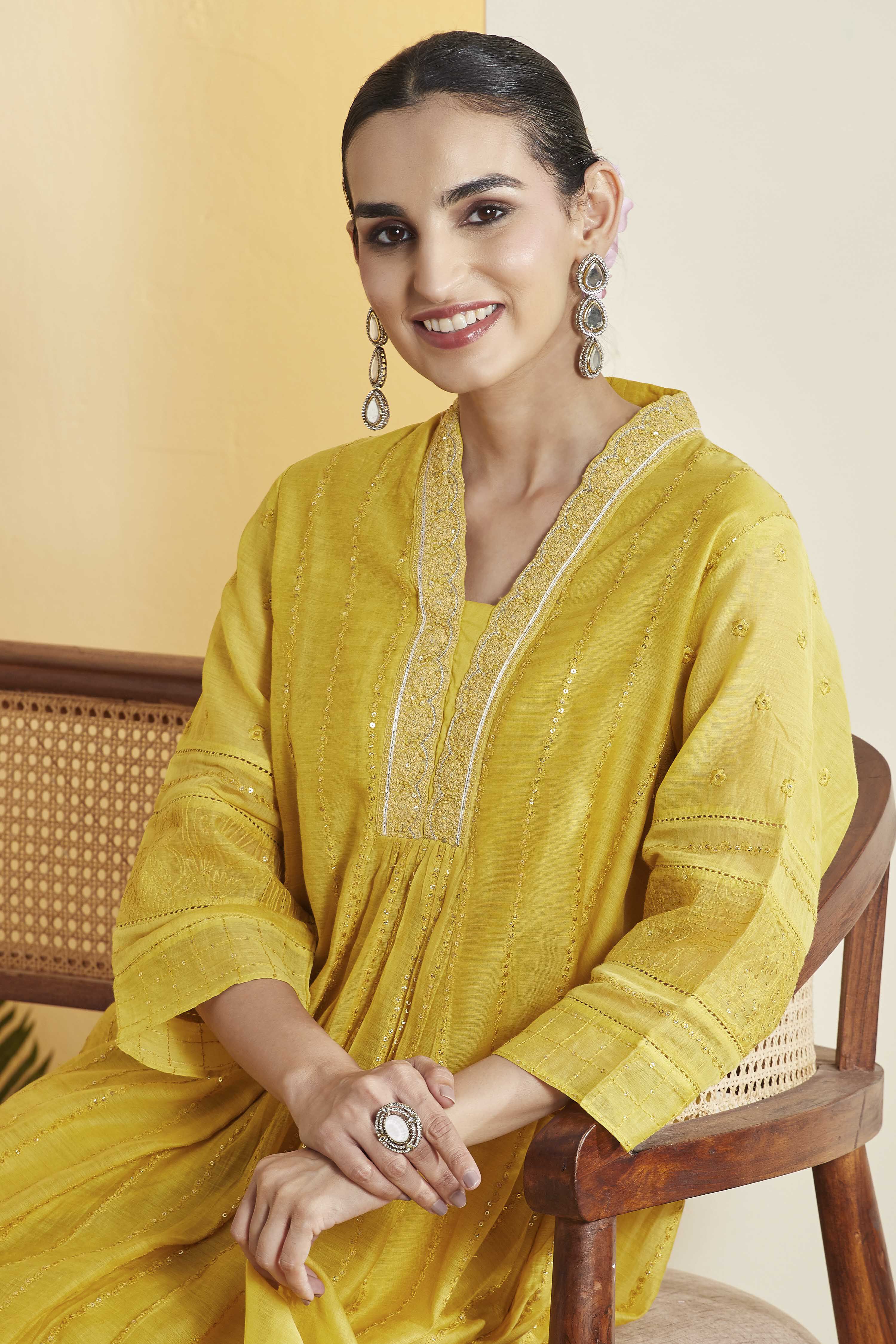 Mustard Cotton Silk Embroidered Straight Kurta Set image number 1