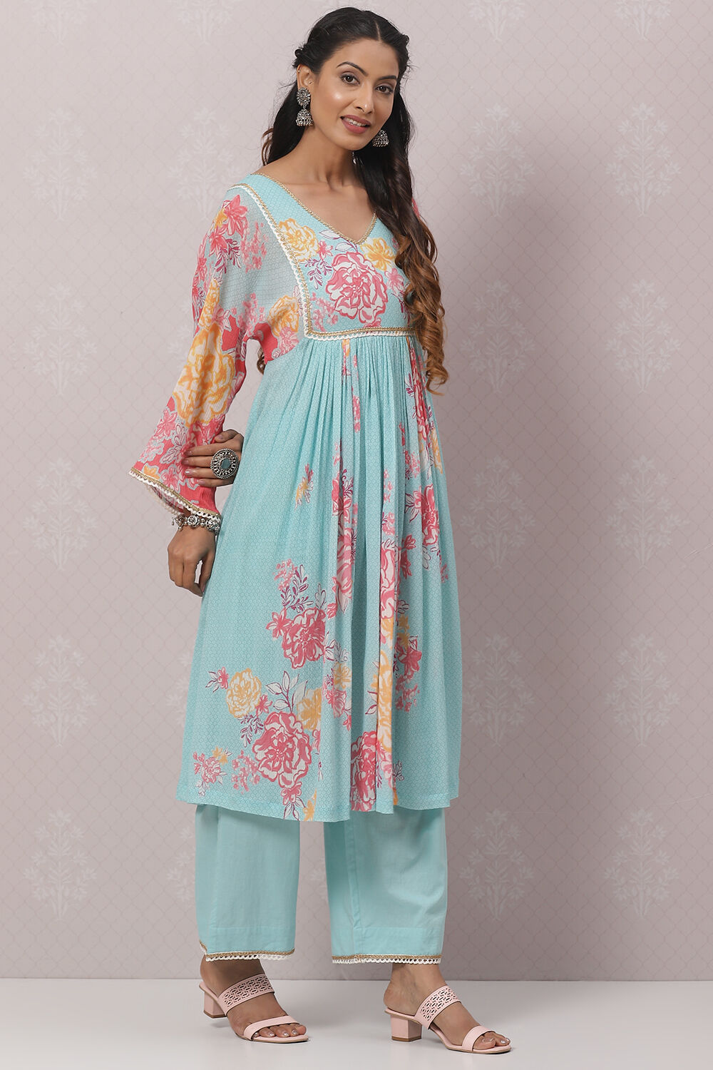 Buy Sky Blue Cotton Flared Kurta Set Kurta Straight Palazzo for