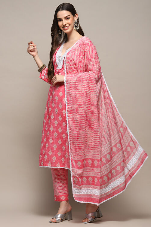 Pink Cotton Unstitched Suit set image number 1