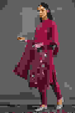 Rohit Bal Maroon Silk Chanderi Floral Straight Suit Set image number 3