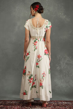 Rohit Bal Cream-Colored Silk Chanderi Floral Printed Anarkali Suit Set image number 4