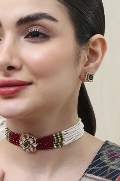 Maroon White Brass Choker Set image number 1