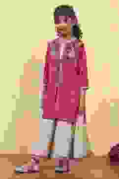 Red Cotton Yarndyed Front open Suit Set image number 3