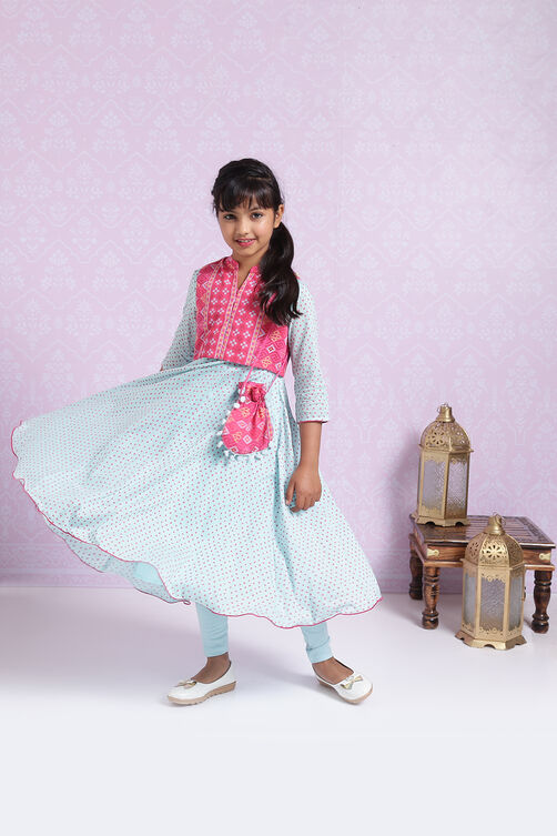 Sky Blue And Pink Cotton Anarkali Suit image number 3