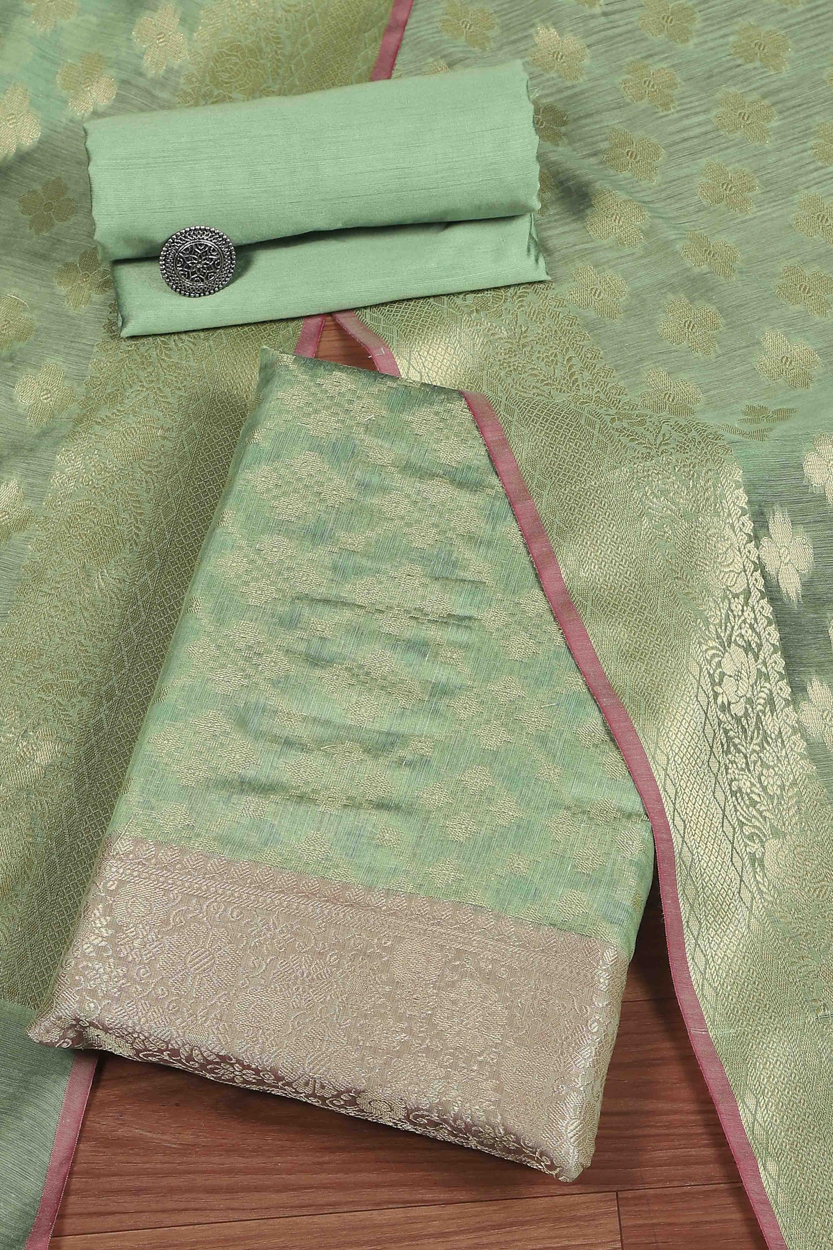Green Cotton Printed Embroidered Unstitched Suit Set