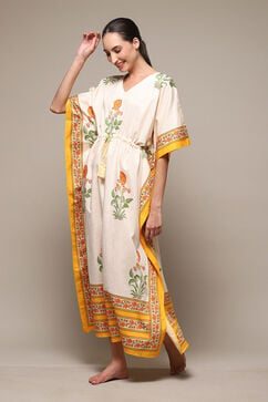 Off White & Must Cotton Printed Kaftan image number 2