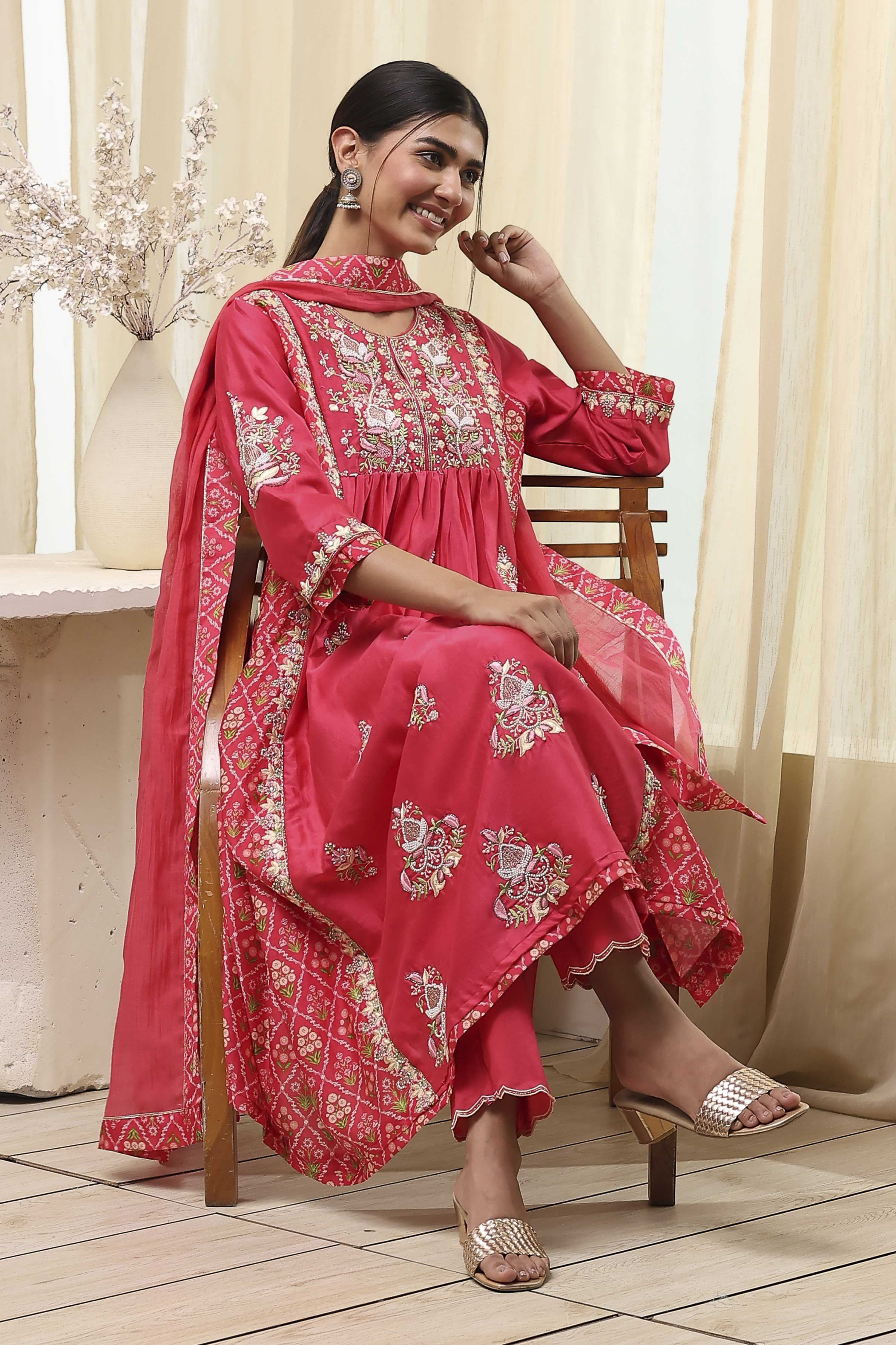 Coral-Red Silk Chanderi Gathered Suit Set image number 0