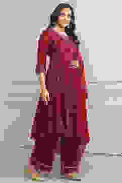 Red Chanderi Kalidar Dyed Suit Set image number 5