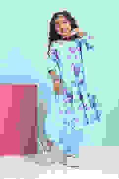 Blue Cotton Printed Tiered Suit Set image number 5