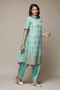 Turquoise Silk Straight Kurta Salwar Suit Set image number 6