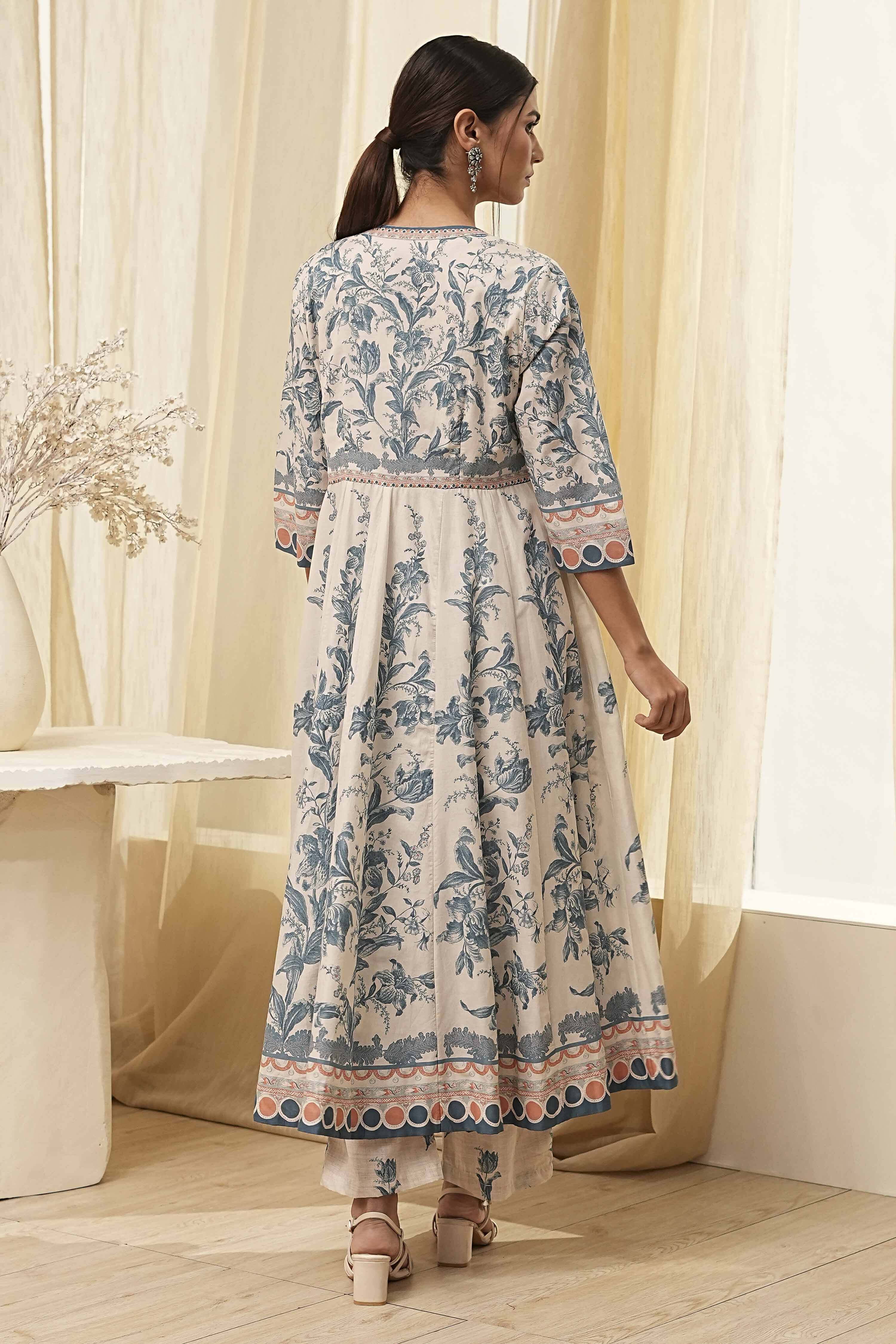 Beige and Blue Printed Front Open Kurta Set image number 4