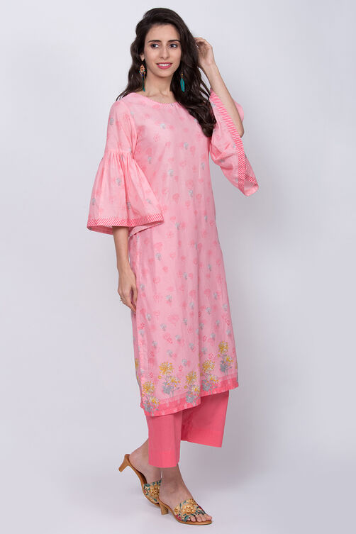 Peach Cotton Straight Printed Kurta image number 2