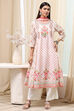 Off-White and Pink Cotton Floral Kalidar Suit Set