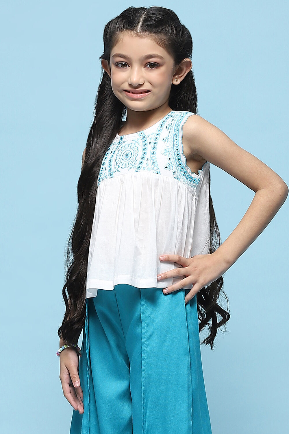 White Cotton Top With Contrast Colored Embroidery  image number 5