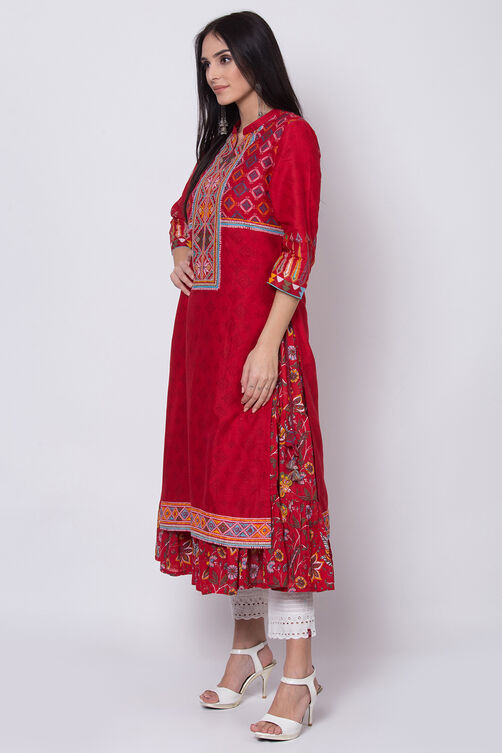 Red Cotton A-Line Printed Kurta image number 3