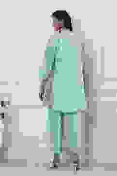 Turquoise Cotton Printed Kalidar Kurta Set image number 4