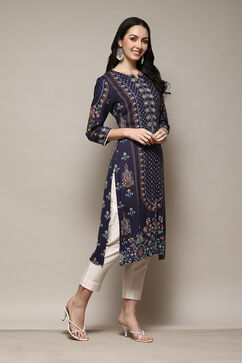 Navy LIVA Straight Printed Kurta image number 3