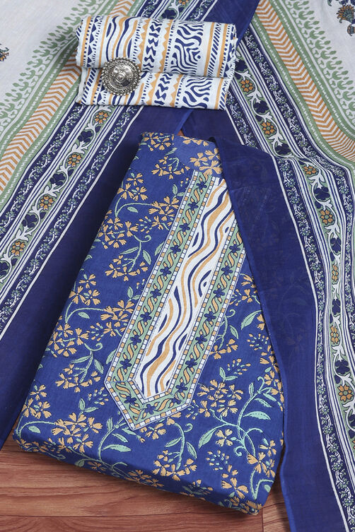 Royal Blue Cotton Screen Print Unstitched Suit Set image number 0