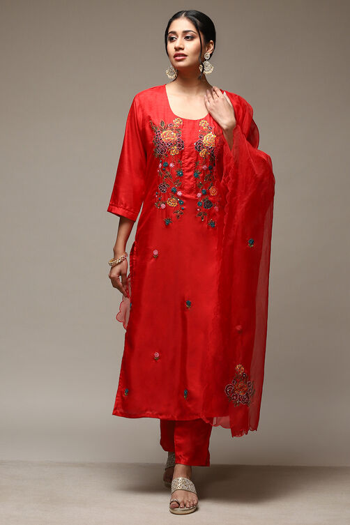 Red Silk Blend Hand Embroidered Unstitched Suit Set image number 8