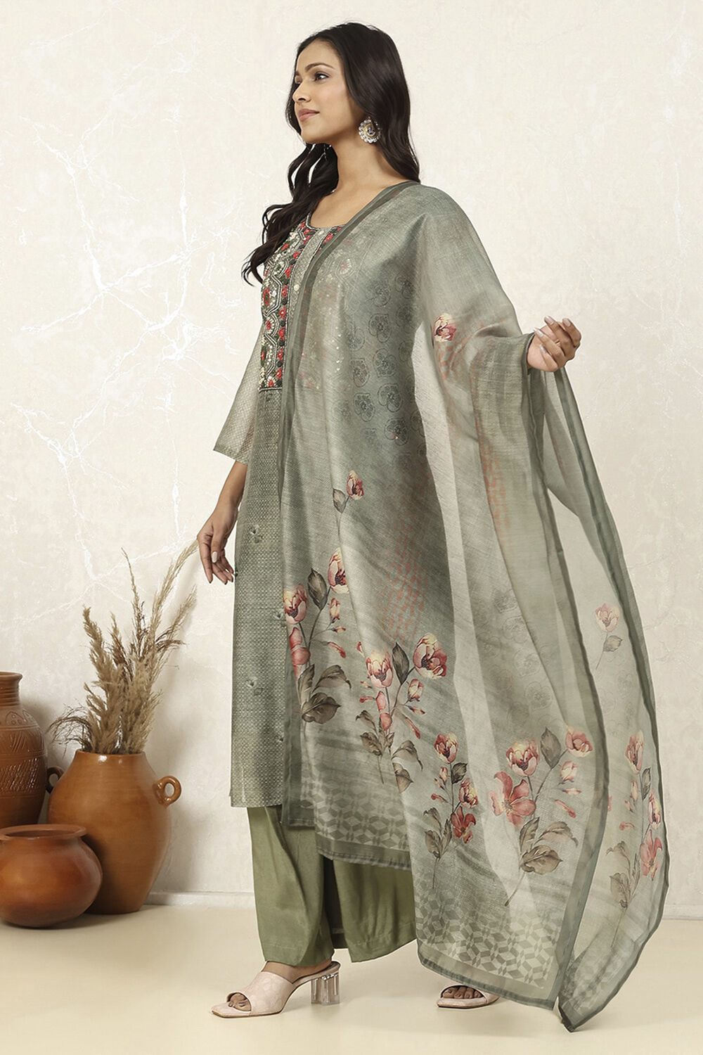 Green Chanderi Hand Embroidered Unstitched Suit Set image number 4