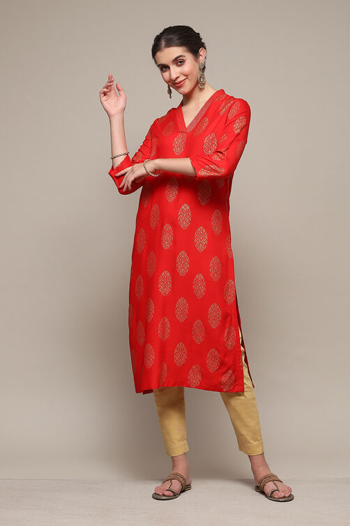 Red LIVA Straight Printed Kurta image number 0