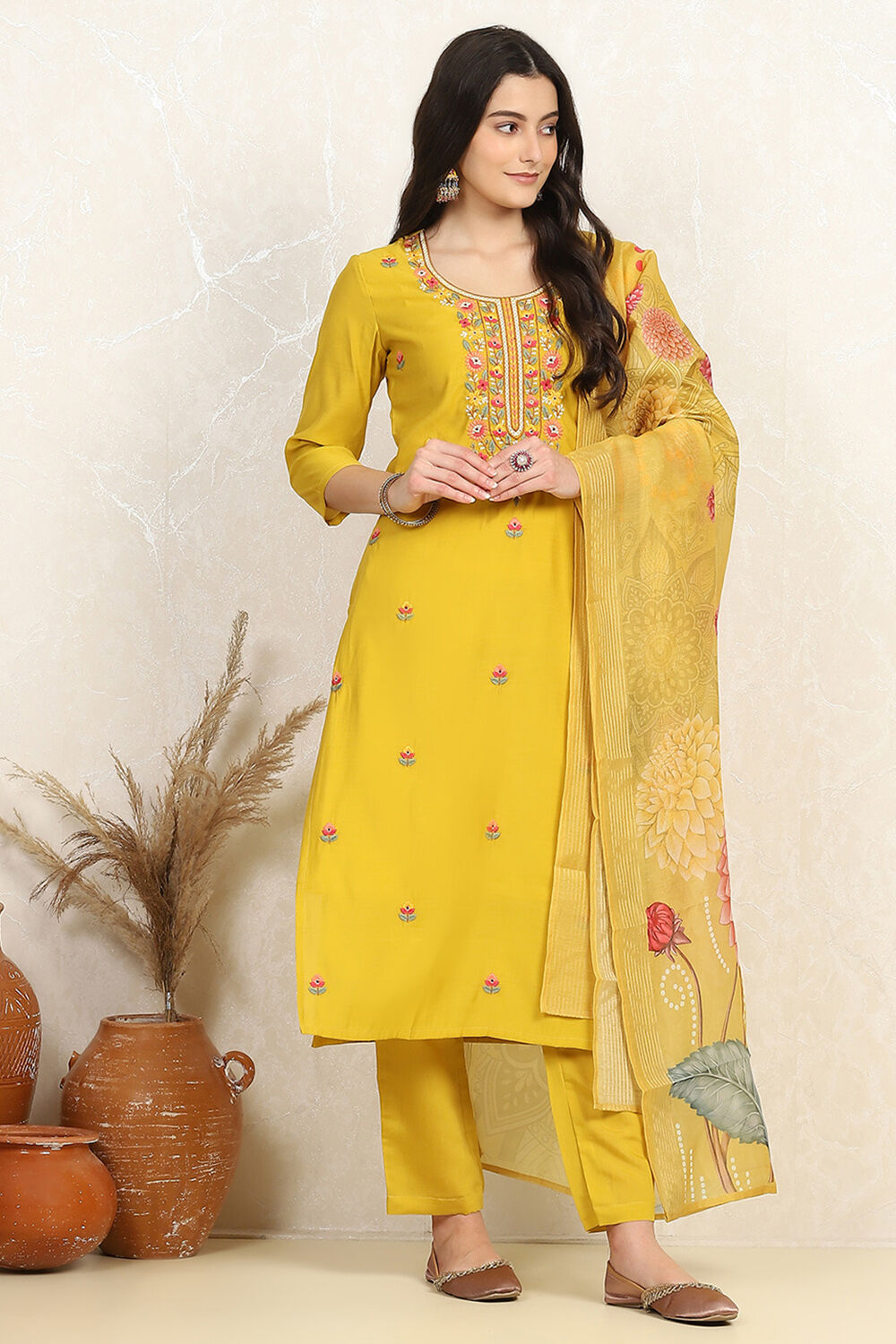 Yellow Silk Blend Machine Embroidered Unstitched Suit Set image number 6