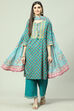 Teal Cotton Straight Kurta Palazzo Suit Set image number 6