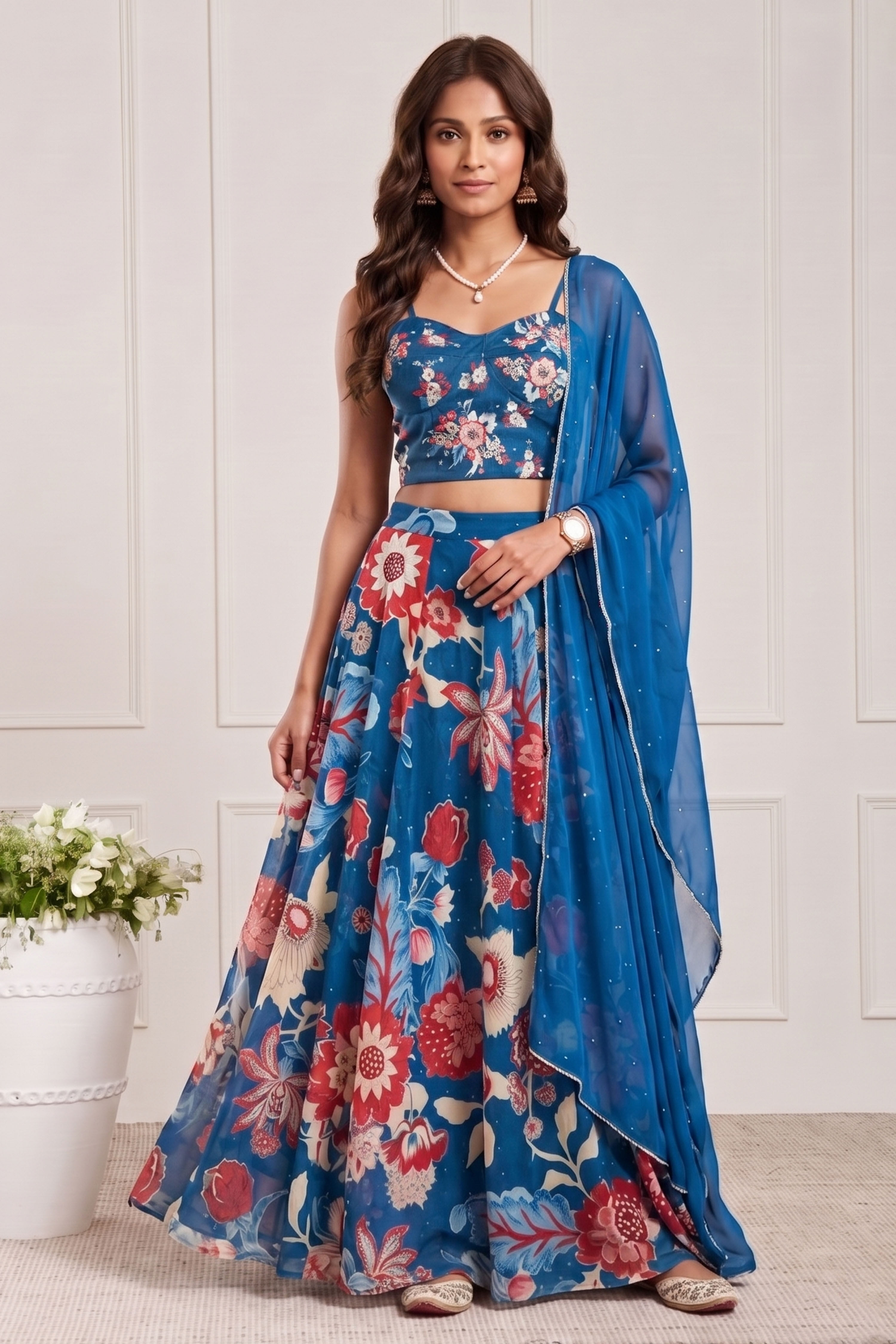 Blue Viscose Rayon Printed Lehenga Set image number 7