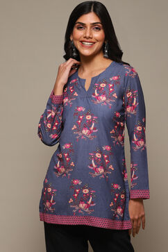 Denim Blue Cotton Blend Printed Kurti image number 5