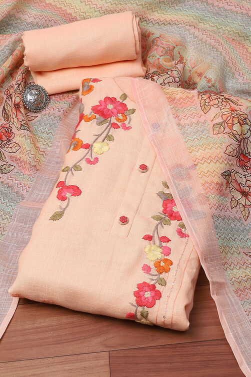 Peach Linen Machine Embroidered Unstitched Suit Set image number 8