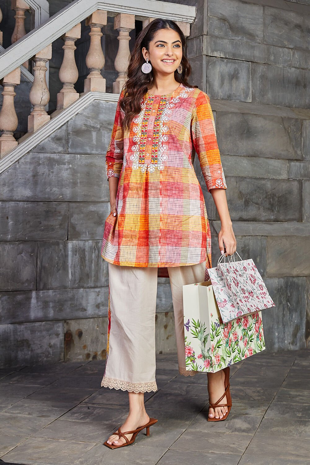 Orange Cotton Straight Suit Set