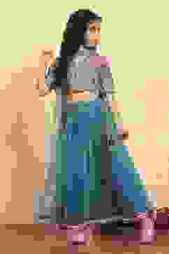 Blue Cotton Printed Kalidar Lehenga Set image number 5