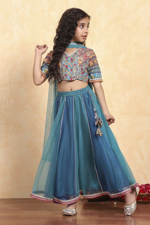 Blue Cotton Printed Kalidar Lehenga Set image number 5