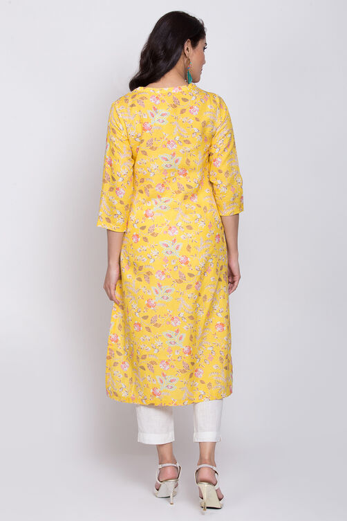 Yellow Cotton Straight Printed Kurta image number 3