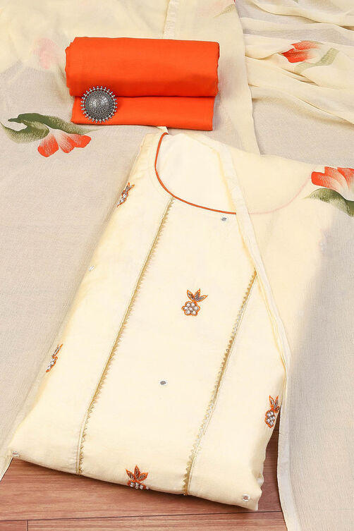 Mustard Chanderi Machine Embroidered Unstitched Suit Set image number 0
