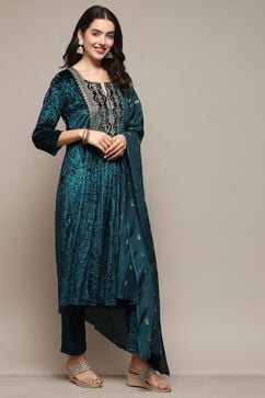 Teal Polyester Straight Embroidered Kurta Palazzo Suit Set image number 6