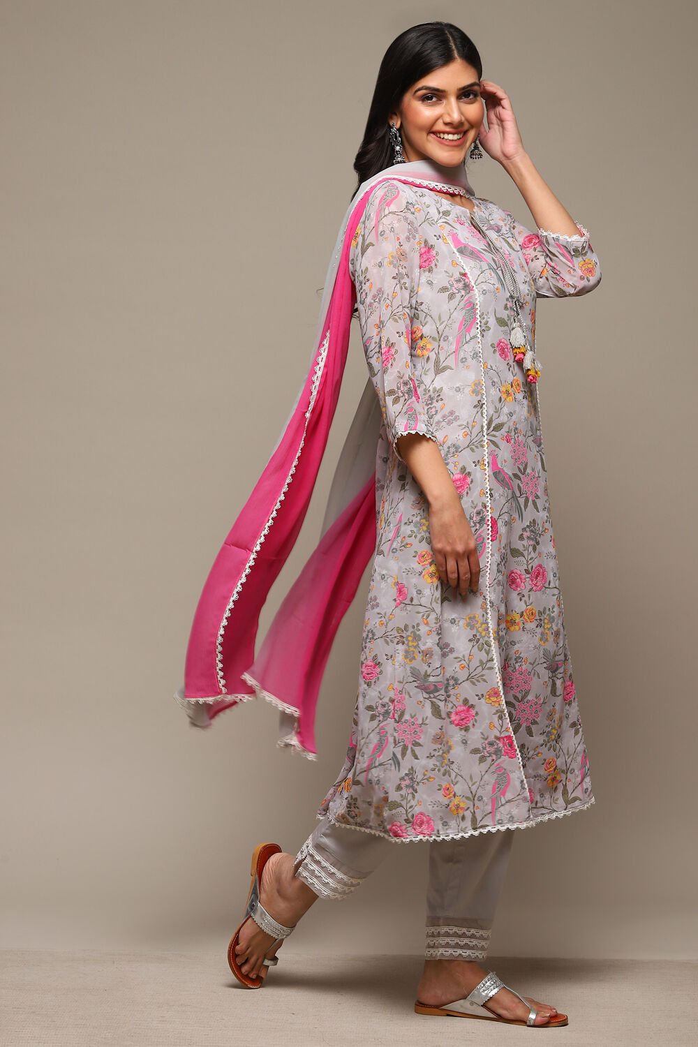 Grey Cotton Blend Kalidar Kurta Pants Suit Set image number 6