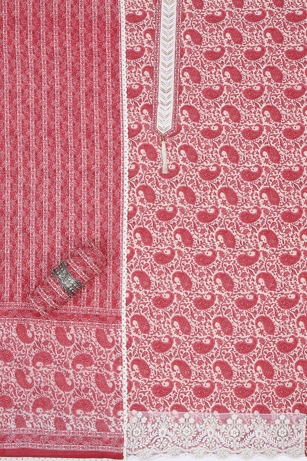 Pink Tissue Screen Print Unstitched Suit Set image number 1