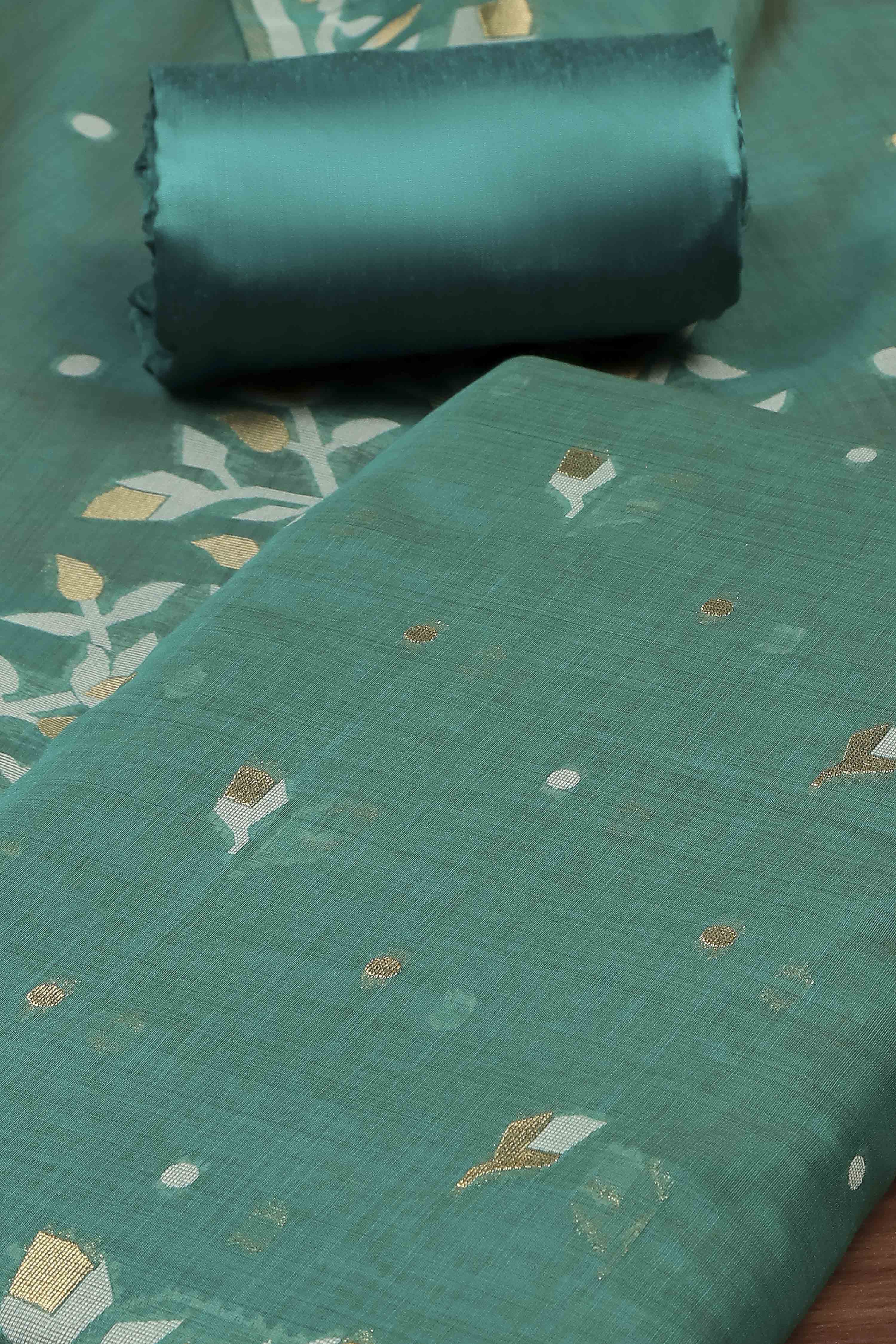 Green Cotton Jamdani Unstitched Suit Set image number 1