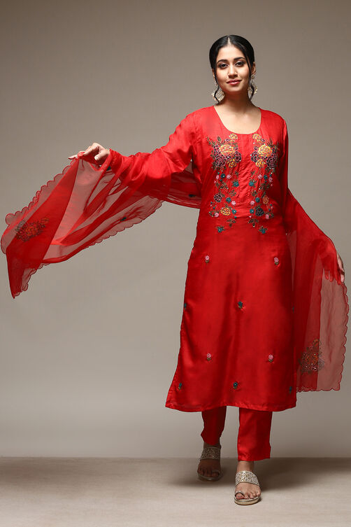 Red Silk Blend Hand Embroidered Unstitched Suit Set image number 1