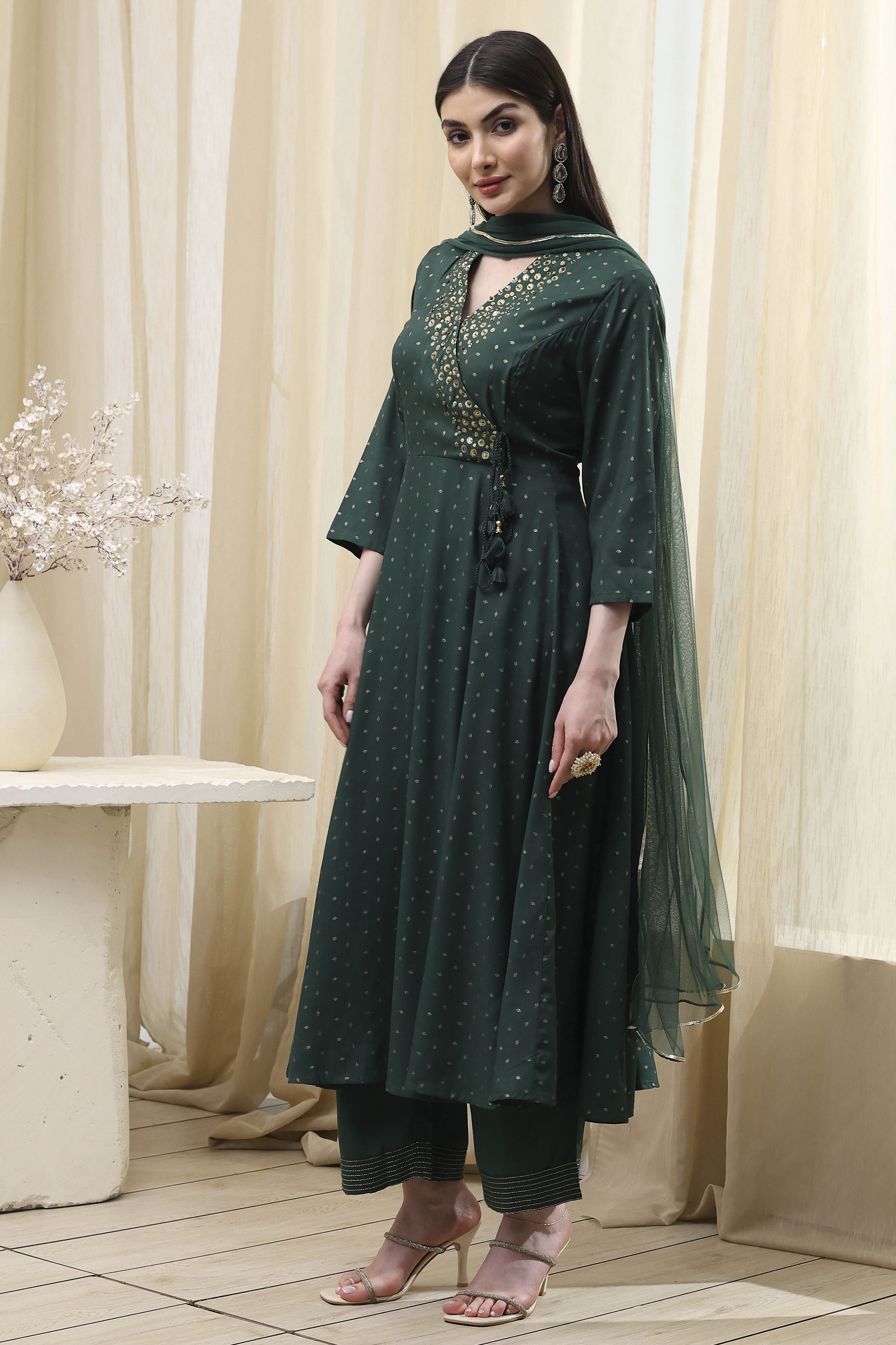 Dark Green Shantoon Printed Anarkali Suit Set image number 3