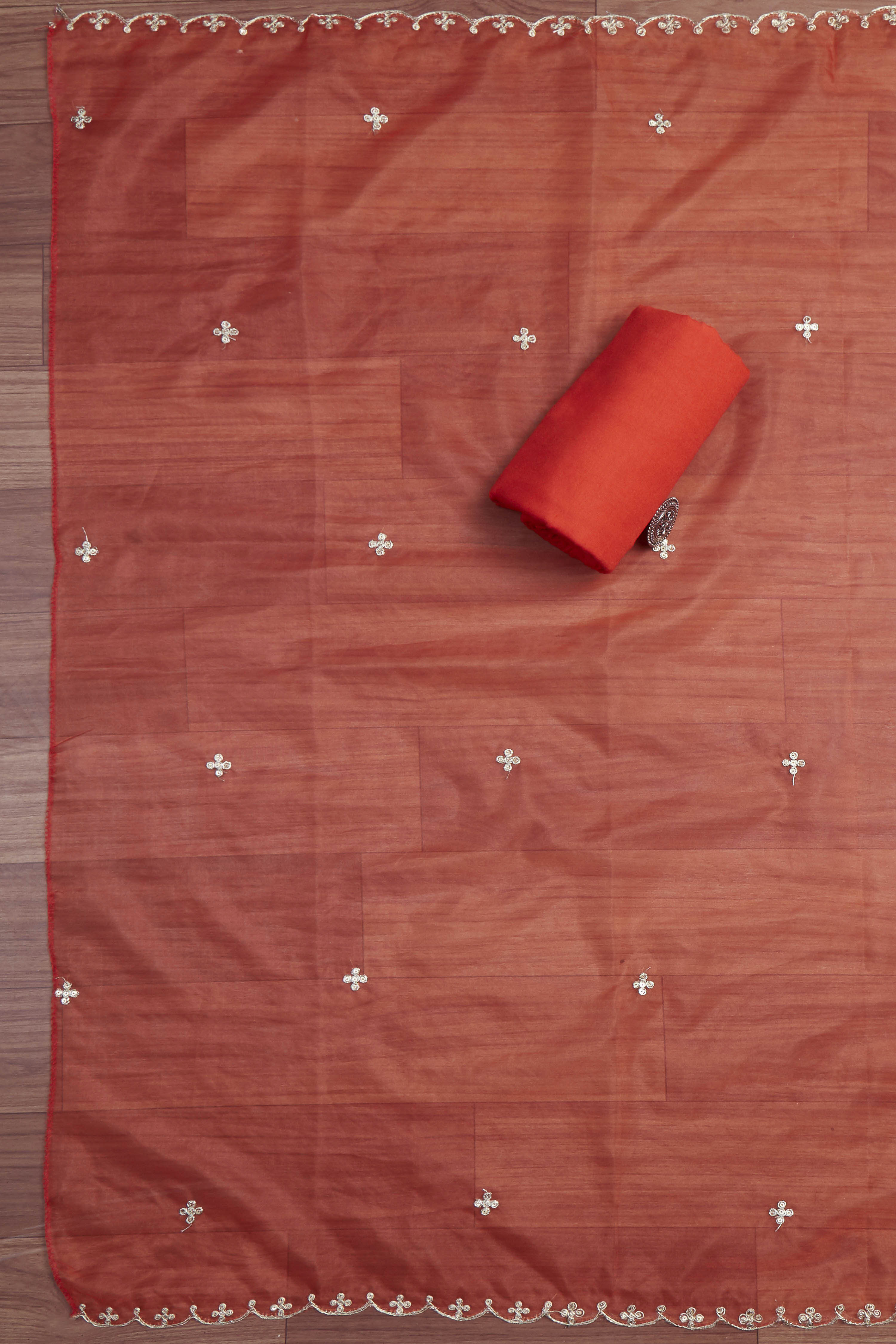 Peach-Colored Organza Rajasthani Print Unstitched Suit Set image number 3