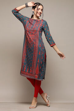 Teal LIVA Straight Printed Kurta image number 0