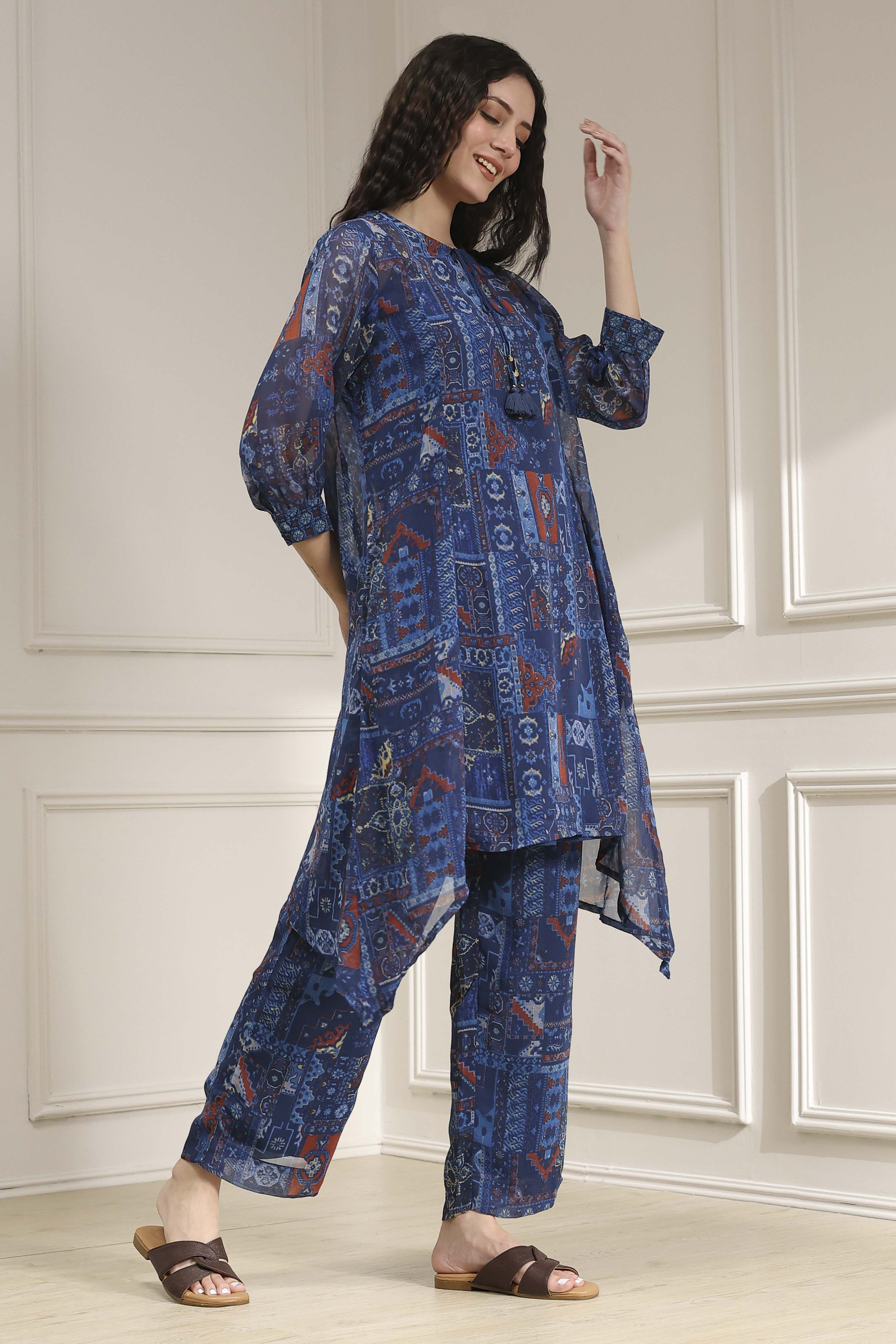 Blue Asymmetric Printed Co-ord Set image number 5