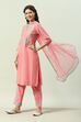 Blush Peach Yarndyed A-Line Kurta Regular Pants Suit Set image number 5