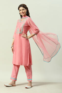 Blush Peach Yarndyed A-Line Kurta Regular Pants Suit Set image number 5